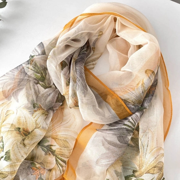2 FOR $40NEW Butterly Yellow Lily Print Spring Summer Scarf Orange Trim-(#1,402) - Picture 2 of 5